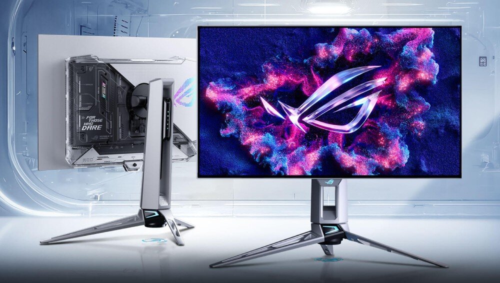 Monitor ASUS ROG Swift PG27AQWP-W Dwa monitory na tle z siatką. Jeden odwrócony tyłem pokazuje przezroczystą obudowę z grafikami. Drugi stoi przodem i wyświetla na ekranie logo w kształcie oka