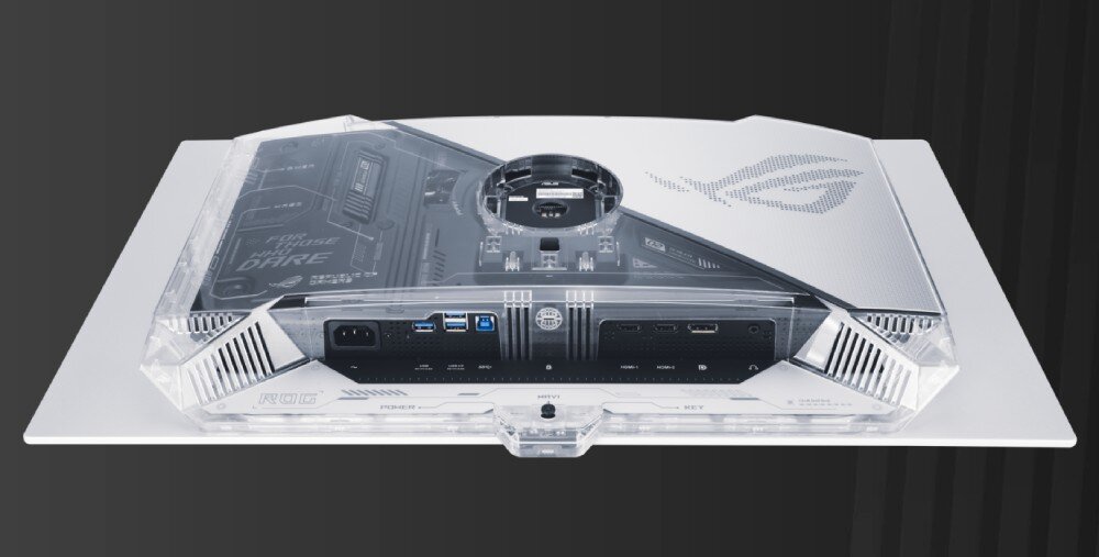 Monitor ASUS ROG Swift PG27AQWP-W Tył monitora na trójnożnej podstawie z widocznymi detalami konstrukcyjnymi oraz logotypem na obudowie