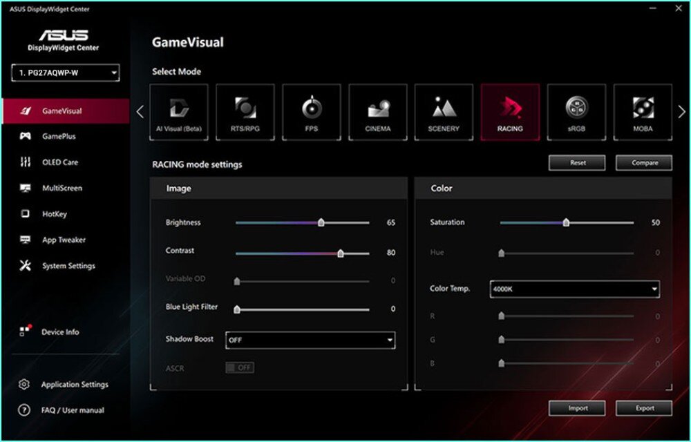 Monitor ASUS ROG Swift PG27AQWP-W Interfejs oprogramowania z zakładką 'GameVisual' i opcjami wyboru trybów wyświetlania obrazu dla gier