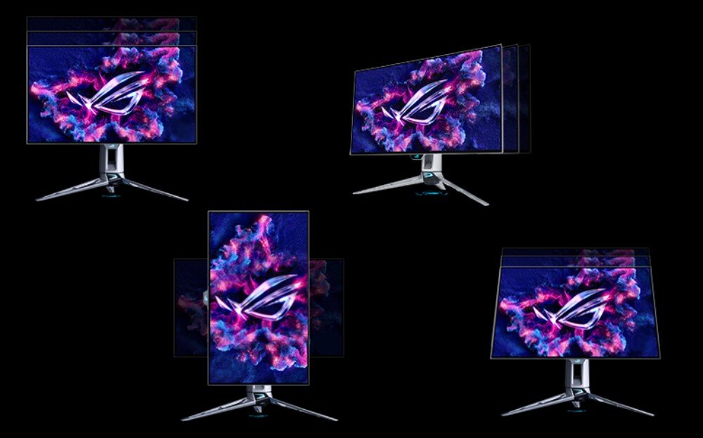Monitor ASUS ROG Swift PG27AQWP-W Zestawienie czterech ujęć monitora prezentujące możliwości regulacji jego położenia w różnych płaszczyznach