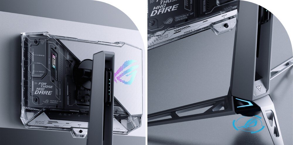 Monitor ASUS ROG Swift PG27AQWP-W Zbliżenie na detale monitora. Po lewej przezroczysty panel tylny ze wzorami ścieżek układu. Po prawej masywna podstawa na trzech nogach z małym logotypem