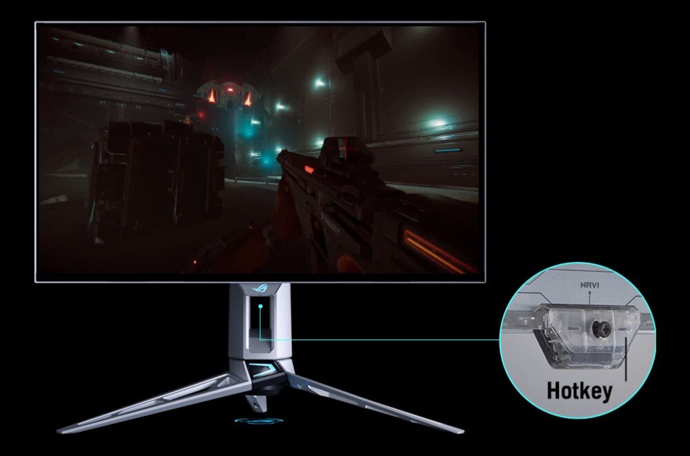 Monitor ASUS ROG Swift PG27AQWP-W Ekran wyświetlający grę ze strzelaniem z napisem '720Hz'. W prawym rogu powiększenie na dolną ramkę z oznaczonym czerwonym przyciskiem 'Hotkey'