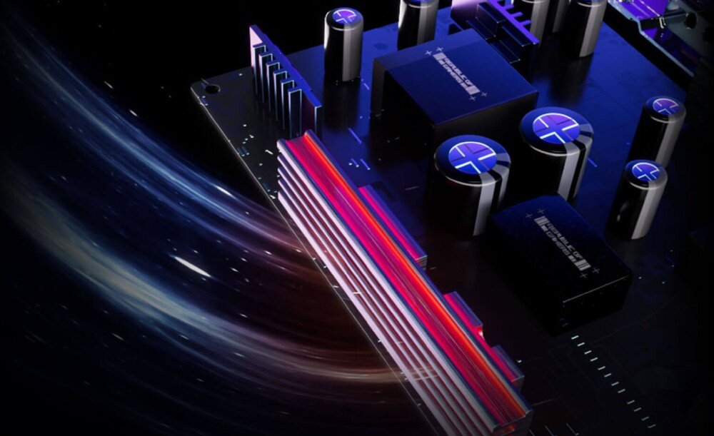 Monitor ASUS ROG Swift PG27AQWP-W Zbliżenie na element płyty z widocznymi kondensatorami. Na środku znajduje się podłużny podświetlony radiator na tle kosmicznych smug światła