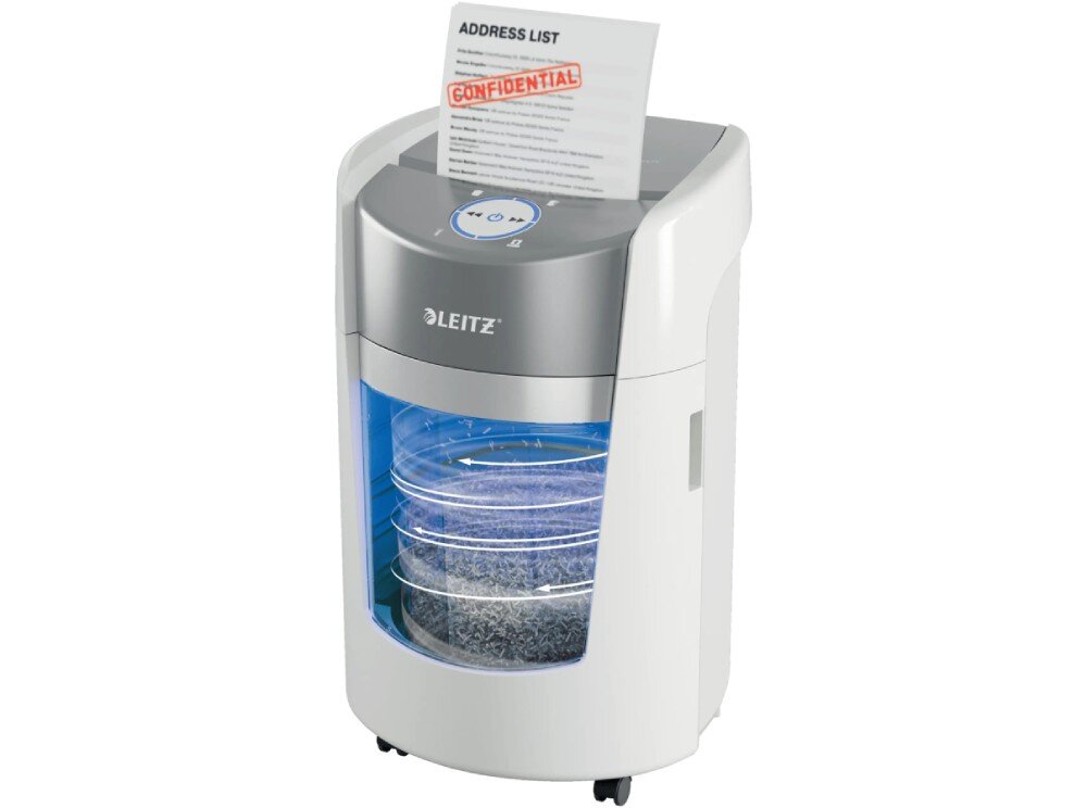 Niszczarka z logo \'LEITZ\' na froncie, z dokumentem z napisem \'ADDRESS LIST\' i \'CONFIDENTIAL\' włożonym do urządzenia. Wewnątrz widoczne są mikrościnki papieru.