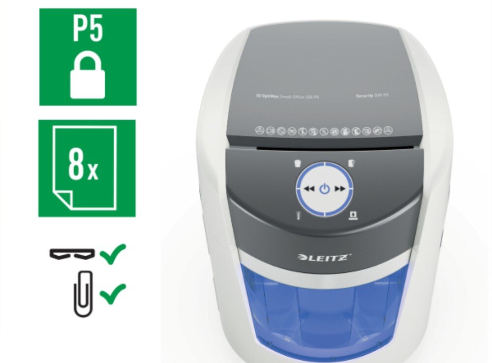 Obraz przedstawia niszczarkę z logo \'LEITZ\' na przodzie, z niebieskim pojemnikiem na ścinki. Obok widoczne są ikony z tekstem: \'P5\', \'8x\' oraz symbolem spinacza i okularów z zaznaczeniem akceptacji.