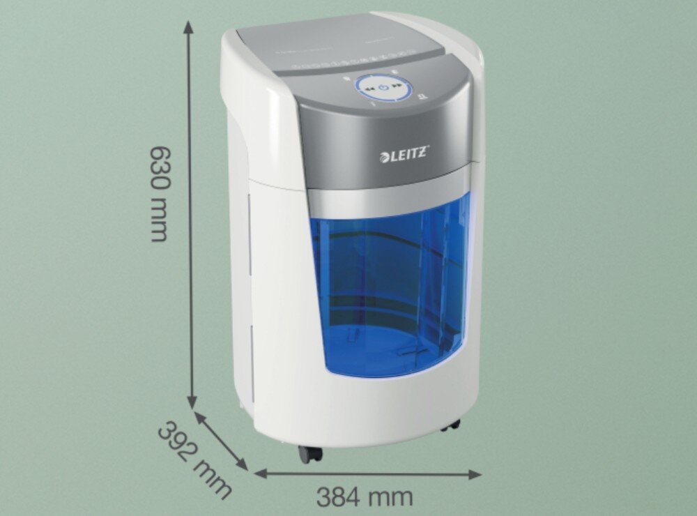 Niszczarka w kolorze białym z niebieskim pojemnikiem, oznaczona logo \'LEITZ\'. Wymiary urządzenia to 630 mm wysokości, 392 mm głębokości i 384 mm szerokości.