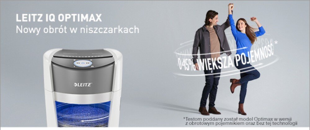 Niszczarka LEITZ IQ OptiMax Home Office 225 P5 Półzbliżenie na białą niszczarkę z niebieskim zbiornikiem wypełnionym pociętym papierem, i parą tańczącą obok niej