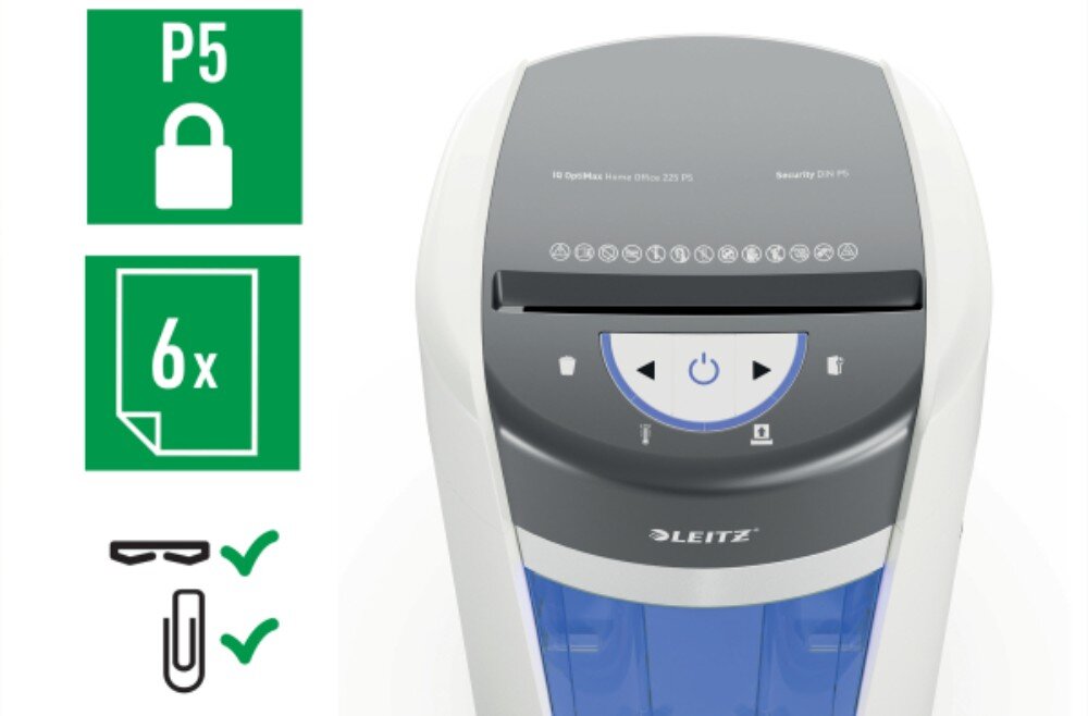 Niszczarka LEITZ IQ OptiMax Home Office 225 P5 Zbliżenie na białą niszczarkę od góry, pokazujące otwór do niszczenia papieru, obok czterech ikon wskazujących poziom bezpieczeństwa 'P5', pojemność '6 arkuszy', akceptowanie spinaczy i zszywek