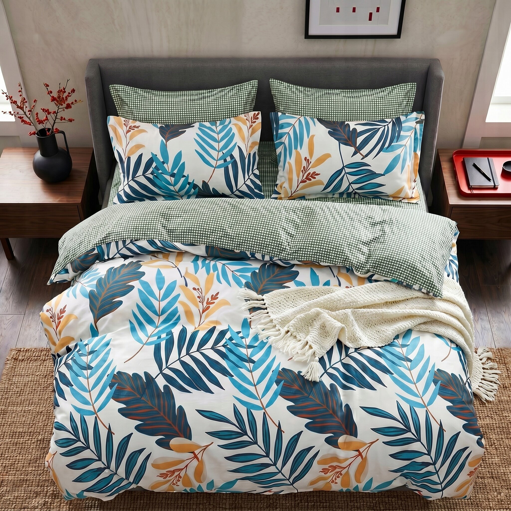 Na łóżku znajduje się komplet pościeli z wzorem liści w kolorach niebieskim, żółtym i pomarańczowym. Poduszki mają zielono-białą kratkę, a na łóżku leży kremowy koc.