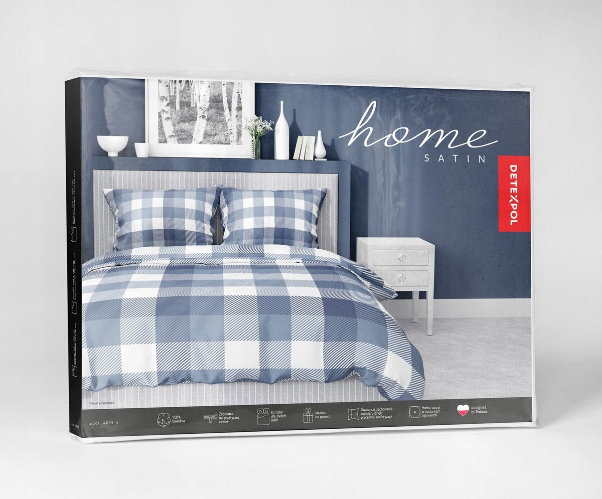 Opakowanie pościeli z wzorem w niebiesko-białą kratę, z napisem \'home SATIN\' oraz logo \'DETEXPOL\'.