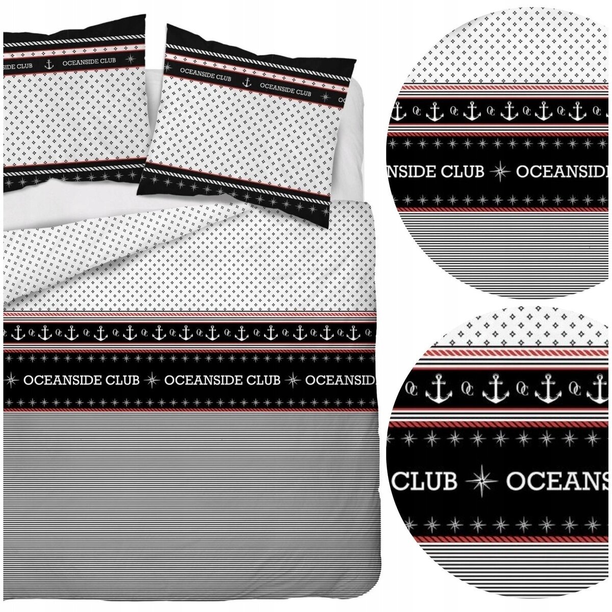 Pościel z wzorem w małe czarne romby na białym tle oraz pasem z napisami \'OCEANSIDE CLUB\' i motywami kotwic. Dodatkowe elementy to czarno-białe paski i czerwone akcenty.