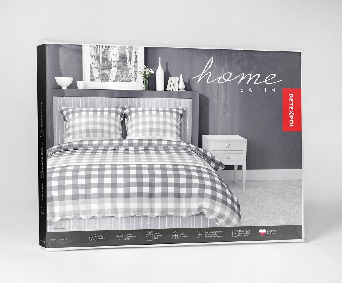 Opakowanie pościeli z wzorem w szarą kratę, z napisem \'home SATIN\' oraz logo \'DETEXPOL\'.