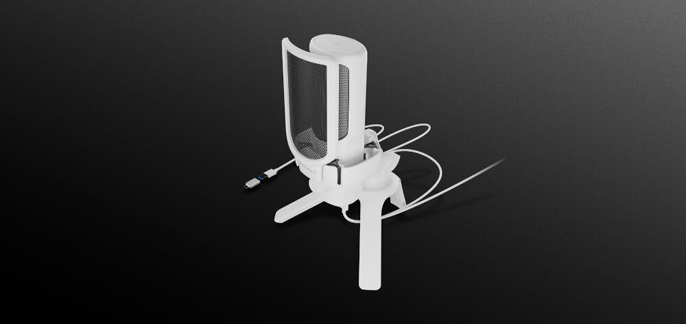 Mikrofon GENESIS Radium 250 Jednokierunkowy / Kardioidalny Biały prezentacja mikrofonu na ciemnym tle pojemnościowy solidne wykonanie czysty dźwięk