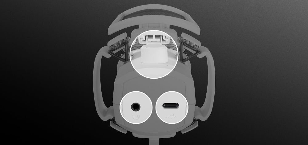 Mikrofon GENESIS Radium 250 Jednokierunkowy / Kardioidalny Biały zbliżenie na wejścia i pokrętło na ciemnym tle wbudowany odsłuch pokrętło Gain regulacja czułości