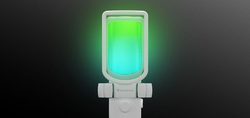 Mikrofon GENESIS Radium 250 Jednokierunkowy / Kardioidalny Biały prezentacja mikrofonu z włączonym podświetleniem na ciemnym tle podświetlenie RGB dynamiczna zmiana barw
