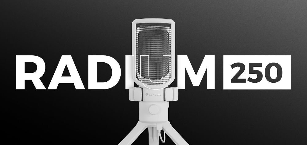 Mikrofon GENESIS Radium 250 Jednokierunkowy / Kardioidalny Biały prezentacja mikrofonu na ciemnym tle z napisem modelu eliminacja szumów tła kardioidalna charakterystyka