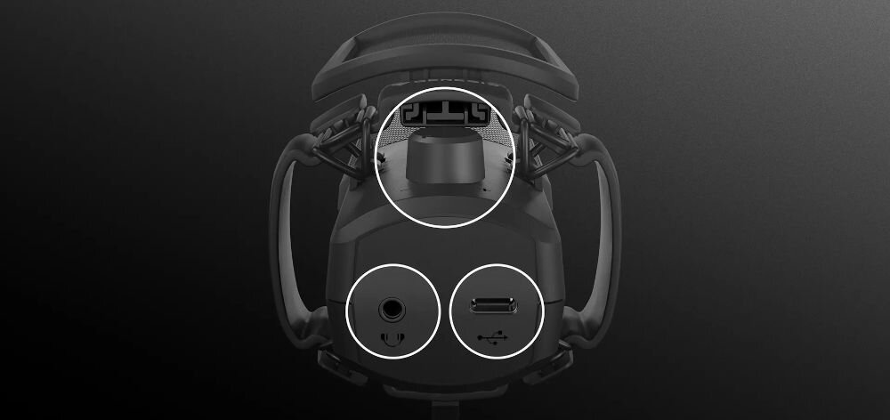 Mikrofon GENESIS Radium 250 Jednokierunkowy / Kardioidalny Czarny zbliżenie na wejścia i pokrętło na ciemnym tle wbudowany odsłuch pokrętło Gain regulacja czułości