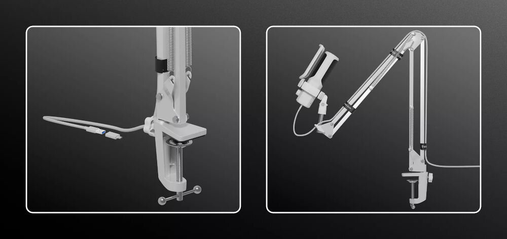 Mikrofon GENESIS Radium 251 Jednokierunkowy / Kardioidalny Biały prezentacja mikrofonu na ciemnym tle zbliżenie na uchwyt mocujący do biurka pojemnościowy solidne wykonanie czysty dźwięk ramię zwalnia miejsce na biurku