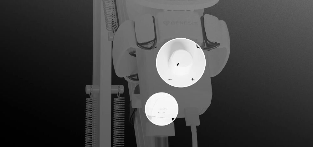 Mikrofon GENESIS Radium 251 Jednokierunkowy / Kardioidalny Biały zbliżenie na wejście i pokrętło na ciemnym tle wbudowany odsłuch pokrętło Gain regulacja czułości