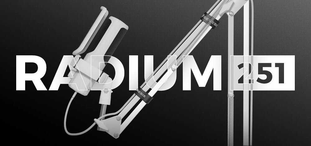 Mikrofon GENESIS Radium 251 Jednokierunkowy / Kardioidalny Biały prezentacja mikrofonu na ciemnym tle z napisem modelu eliminacja szumów tła kardioidalna charakterystyka