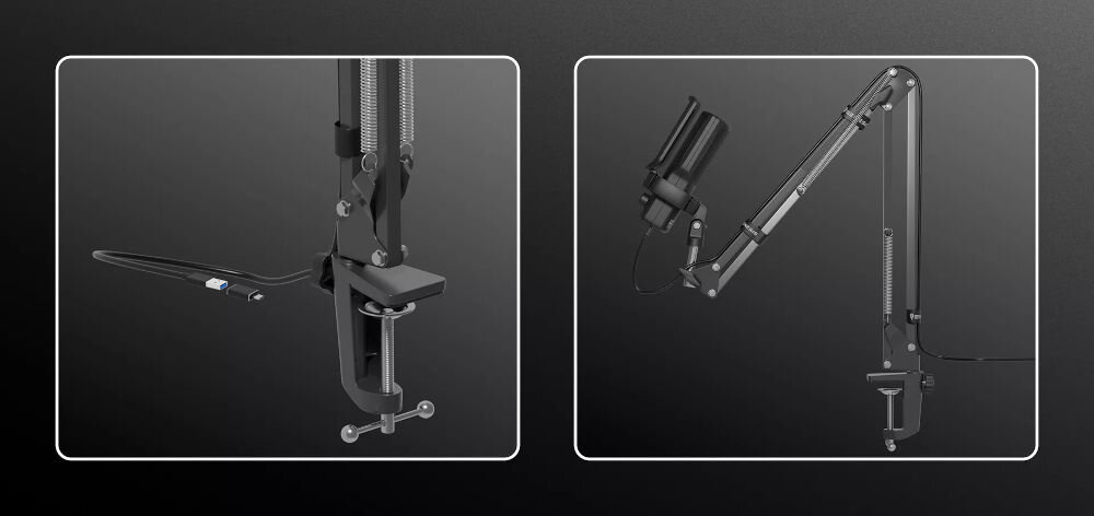 Mikrofon GENESIS Radium 251 Jednokierunkowy / Kardioidalny Czarny prezentacja mikrofonu na ciemnym tle zbliżenie na uchwyt mocujący do biurka pojemnościowy solidne wykonanie czysty dźwięk ramię zwalnia miejsce na biurku