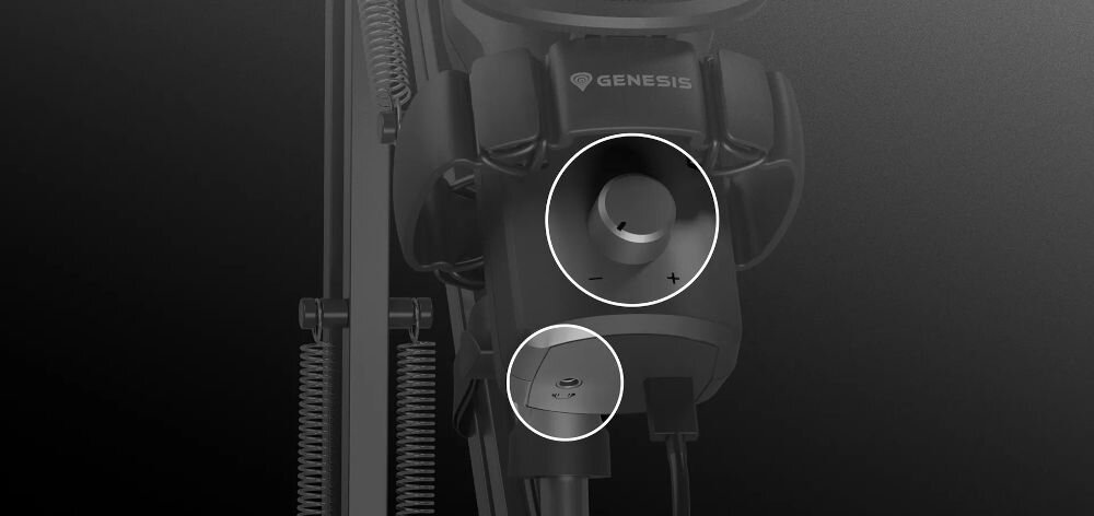 Mikrofon GENESIS Radium 251 Jednokierunkowy / Kardioidalny Czarny zbliżenie na wejście i pokrętło na ciemnym tle wbudowany odsłuch pokrętło Gain regulacja czułości