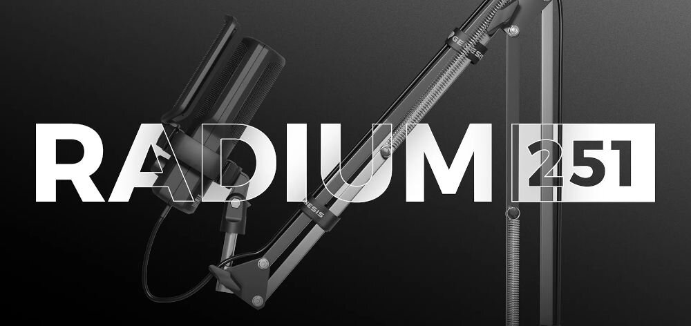 Mikrofon GENESIS Radium 251 Jednokierunkowy / Kardioidalny Czarny prezentacja mikrofonu na ciemnym tle z napisem modelu eliminacja szumów tła kardioidalna charakterystyka