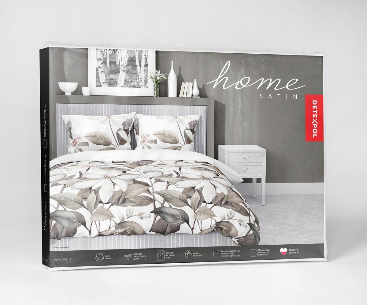 Opakowanie pościeli z wzorem liści, z napisem \'home SATIN\' oraz logo \'DETEXPOL\'.