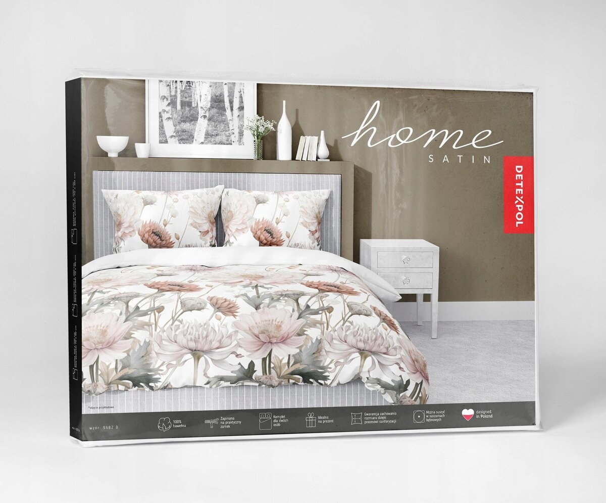 Opakowanie pościeli z wzorem kwiatowym, z napisem \'home SATIN\' oraz logo \'DEKPOL\'.