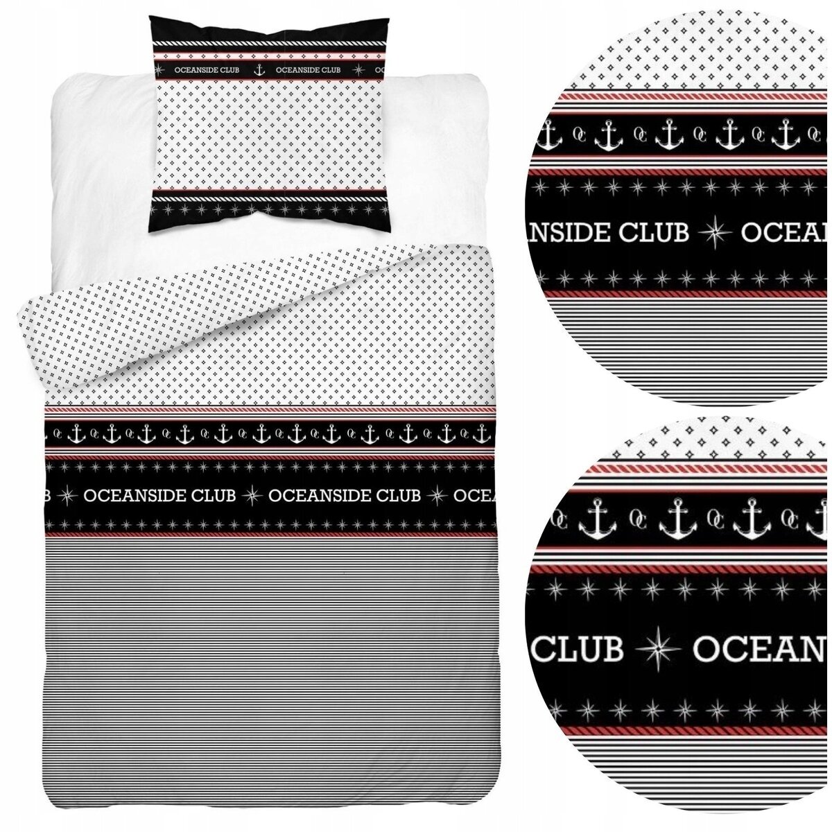 Pościel z wzorem w paski i kotwice, z napisem \'OCEANSIDE CLUB\'. Kolory dominujące to czarny, biały i czerwony.