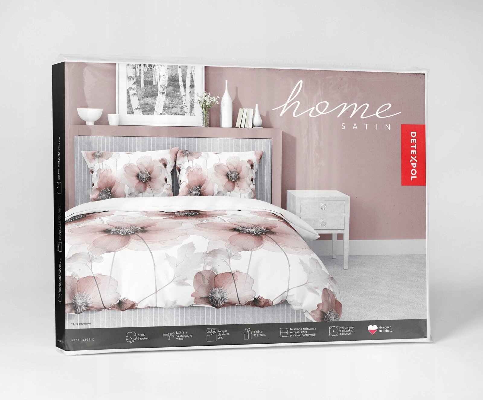 Opakowanie pościeli z motywem dużych kwiatów w odcieniach różu i bieli, z napisem \'home SATIN\' oraz logo \'DEKPOL\'.