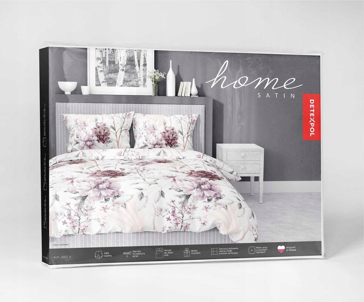 Opakowanie pościeli z motywem kwiatowym w odcieniach różu i bieli, z napisem \'home SATIN\' oraz logo \'DEKPOL\'.