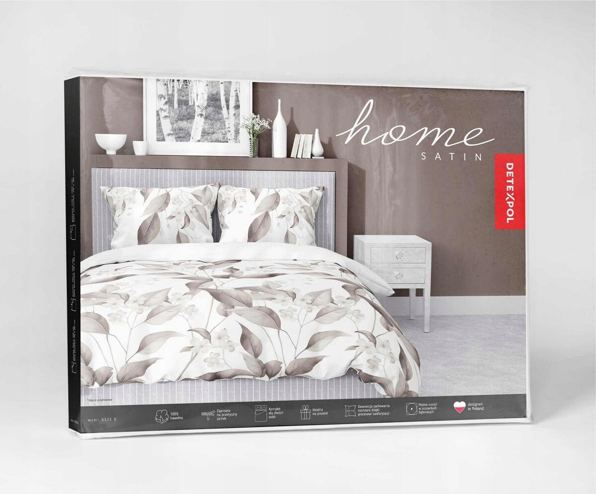 Opakowanie pościeli z wzorem liści, z napisem \'home SATIN\' oraz logo \'DETEXPOL\'.