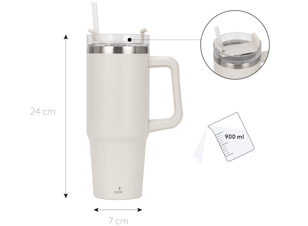 Kubek termiczny SMILE STT-30 Beżowy 900 ml pokrywka 3w1 trzy funkcje ustnik do picia otwór na słomkę pełne zamknięcie ochrona słomka wielorazowego użytku