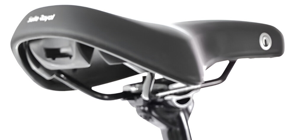 Rower elektryczny ROMET E-Modeco SUV 1.0 AN U17 28 cali Szary zbliżenie na siodełko białe tło siodełko SELLE ROYAL typu ON Moderate wygodna wyprostowana pozycja odpowiednie wypełnienie redukuje nacisk na newralgiczne punkty aluminiowa sztyca o wymiarach 30,9 × 300 mm