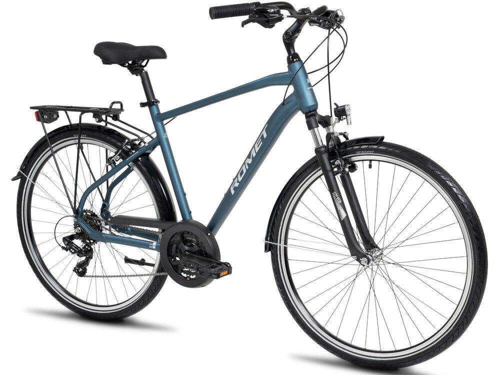 Rower trekkingowy ROMET Wagant 1.0 M19 28 cali męski Granatowy rower na białym tle widoczny od przodu pod skosem dla mężczyzn jazda po asfalcie, jak i po nieutwardzonych drogach trekkingowa geometria jazda w niemęczącej, naturalnej – wyprostowanej pozycji