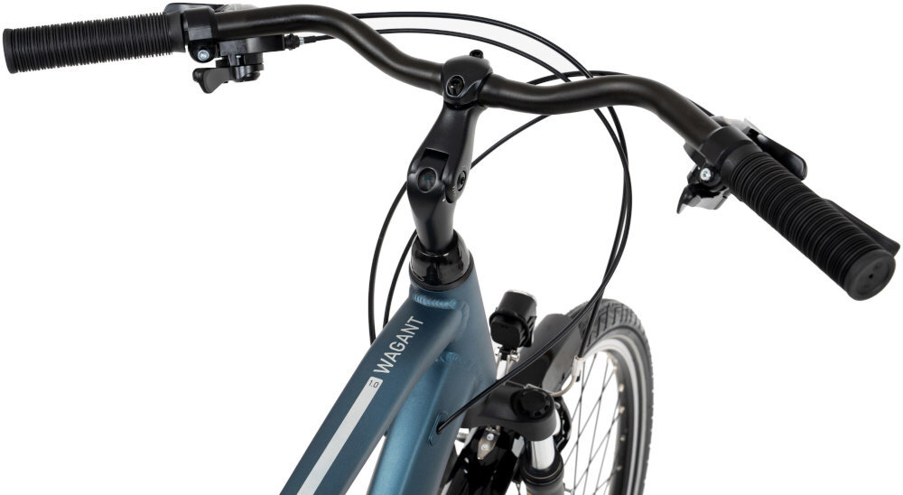 Rower trekkingowy ROMET Wagant 1.0 M19 28 cali męski Granatowy kierownica na białym tle aluminiowa kierownicę marki ROMET o wymiarach 610 X 25,4 mm regulowany wspornik marki ROMET stabilność i precyzję prowadzenia antypoślizgowe uchwyty