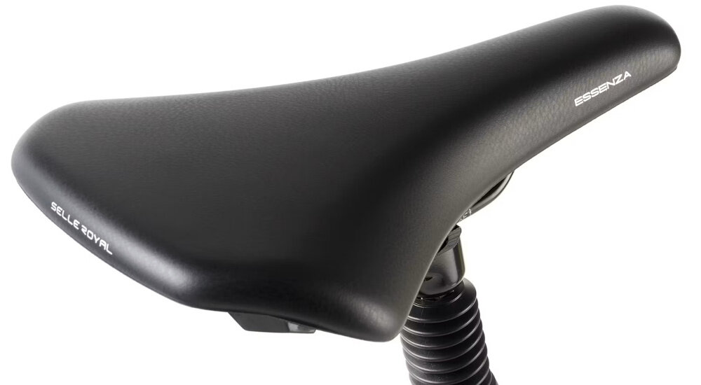 Rower elektryczny ROMET E-Modeco SUV 1.0 AN U19 28 cali Złoty zbliżenie na siodełko białe tło siodełko SELLE ROYAL typu ON Moderate wygodna wyprostowana pozycja odpowiednie wypełnienie redukuje nacisk na newralgiczne punkty aluminiowa sztyca o wymiarach 30,9 × 300 mm