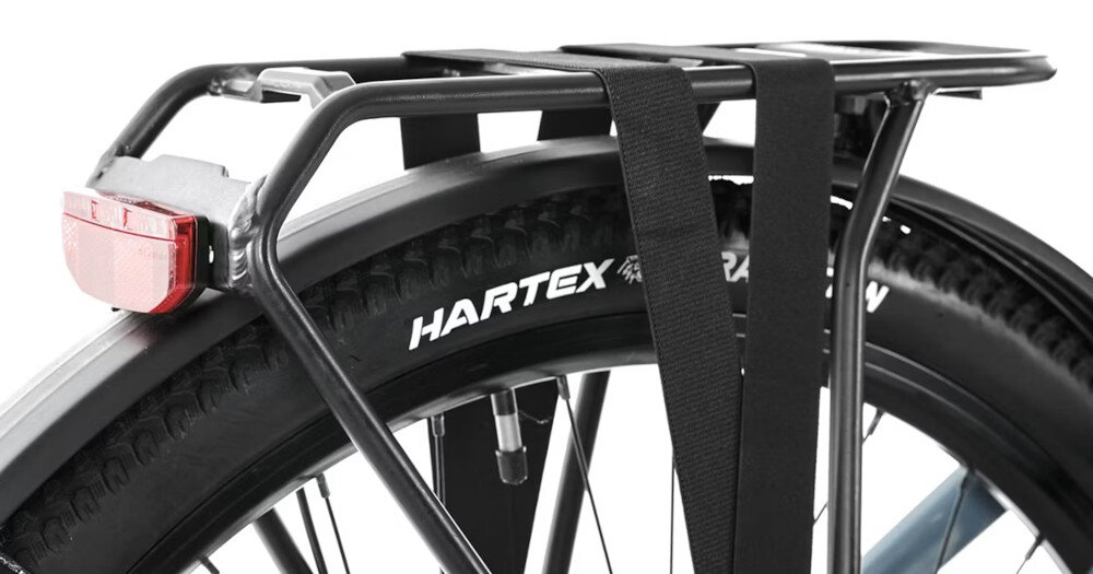 Rower elektryczny ROMET E-Modeco SUV 1.0 AN U19 28 cali Szary zbliżenie na bagażnik bagażnik składana stopka w centralnym punkcie ciężkości