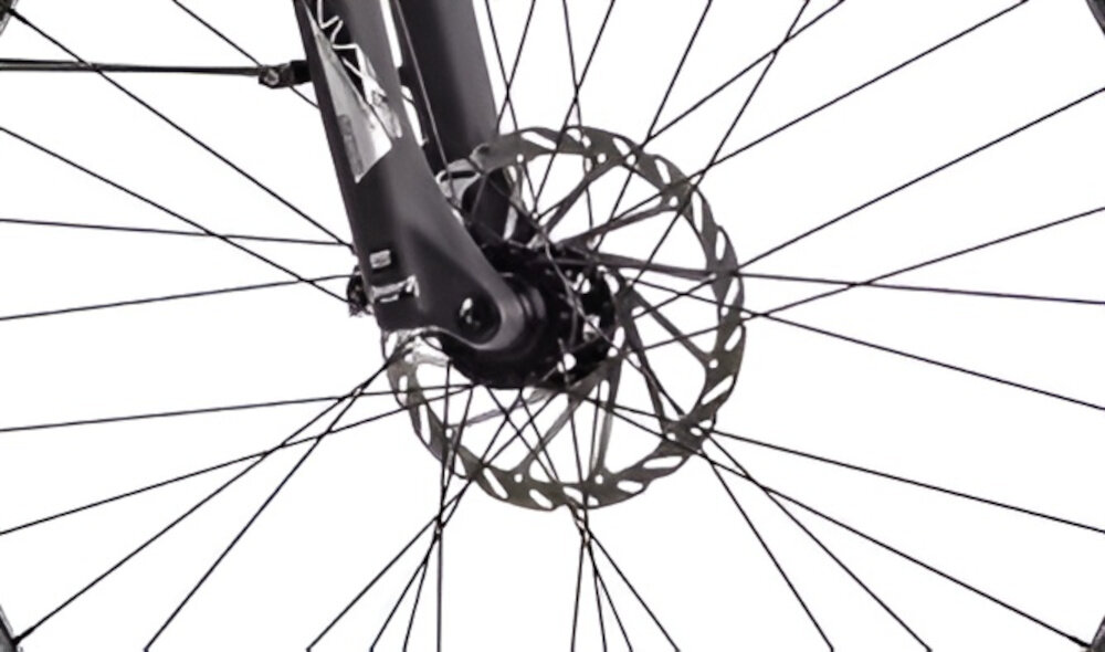 Rower elektryczny ROMET E-Modeco URB 2.0 U17 28 cali Czarno-granatowy zbliżenie na tarczę hamulcową podstawa bezpieczeństwa hamulce tarczowe hydrauliczne duża siła hamowania płyn hamulcowy hamulce z przodu i z tyłu podwójny pakiet bezpieczeństwa