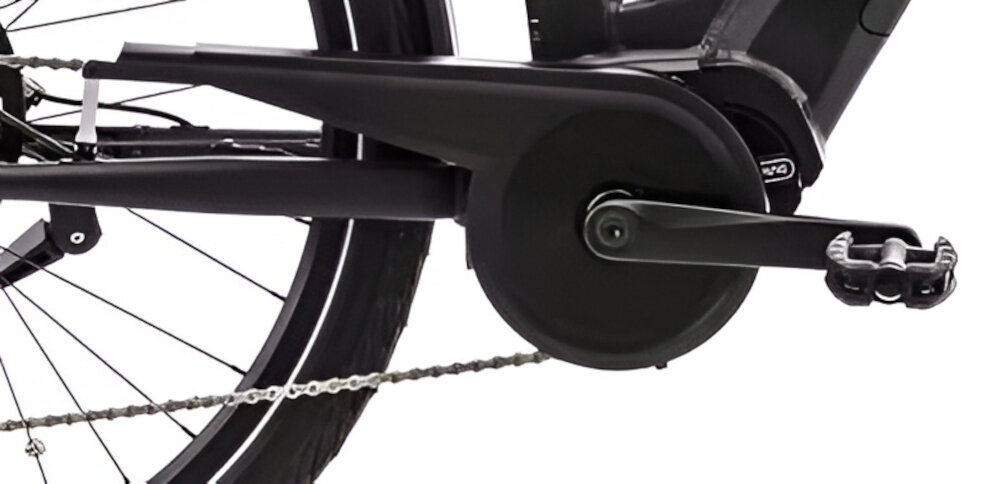 Rower elektryczny ROMET E-Modeco URB 2.0 U17 28 cali Czarno-granatowy zbliżenie na korbę i kasetę korba PROWHEEL typu 38T o długości 170 mm kaseta SHIMANO CUES typu CS-LG300 11-41T 9 speed płynna i elastyczna jazda szeroki zakres przełożeń komfortowa kadencja na prostych odcinkach lepsza kontrola nad rowerem większa efektywność pedałowania