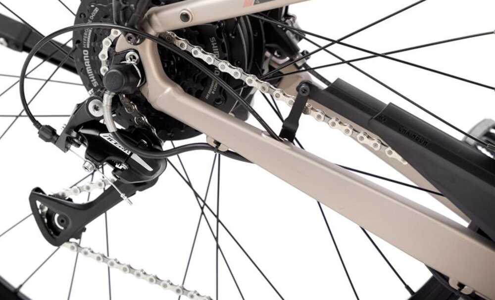 Rower elektryczny ROMET E-Modeco URB 1.0 U19 28 cali Szampańsko-czarny zbliżenie na przerzutkę manetki SHIMANO typu SL-M315-8R 8 biegów tylna przerzutka SHIMANO Acera duża wytrzymałość i sprawne działanie zmiana biegów jest płynna i bezproblemowa