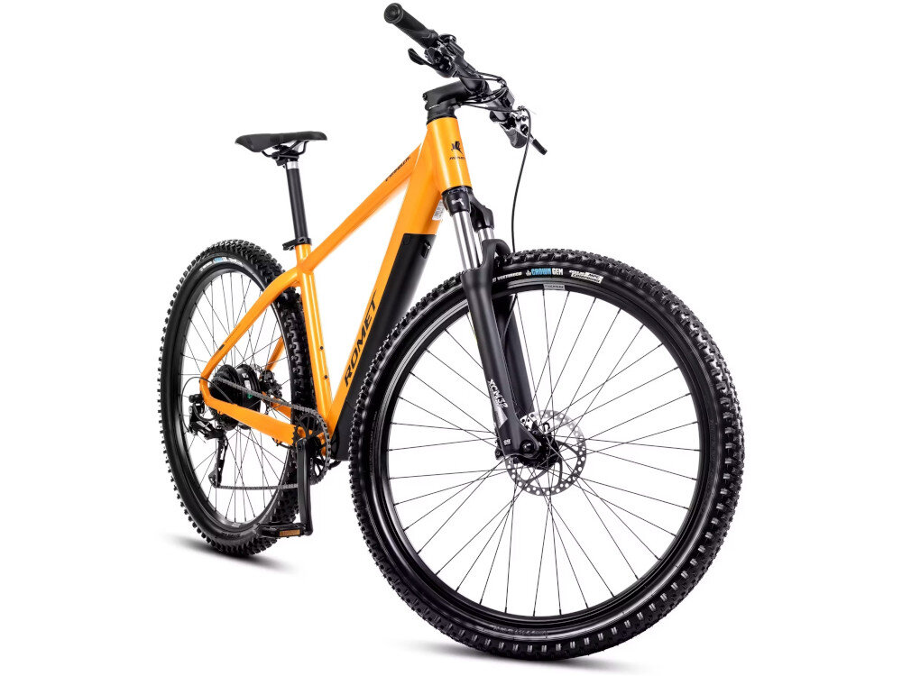 Rower elektryczny ROMET E-Rambler 1.0 U18 29 cali Pomarańczowo-grafitowy zbliżenie na baterię zasięg do 100 km bateria Li-Ion o napięciu 36 V i pojemności 14 Ah (504 Wh) czas ładowania około 4-8 godzin żywotność około 500 ładowań bateria w ramie zintegrowana z konstrukcją roweru
