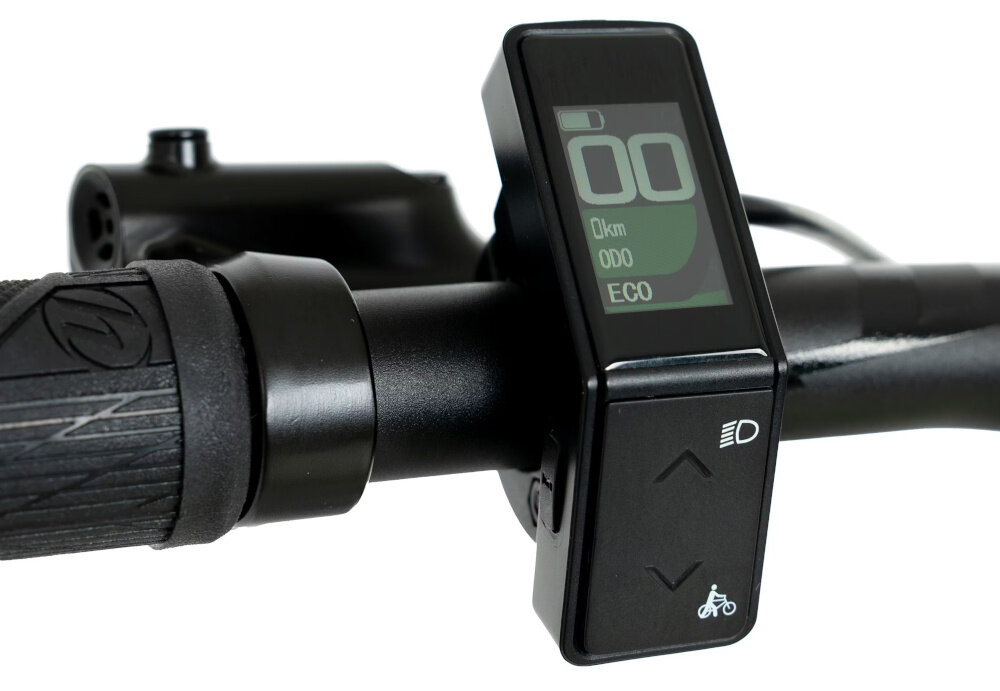 Rower elektryczny ROMET E-Modeco SUV 1.0 AN U17 28 cali Złoty zbliżenie na wyświetlacz czytelny wyświetlacz LCD bieżące monitorowanie kluczowych parametrów jazdy ułatwia planowanie tras i kontrolę nad energią