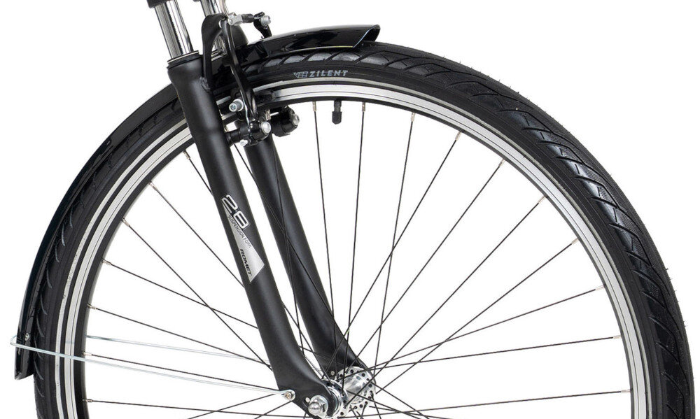 Rower trekkingowy ROMET Wagant 1.0 M21 28 cali męski Granatowy zbliżenie na przednie koło rozmiar koła 28 cali łatwo jest pokonać różne przeszkody duży kontakt koła z podłożem szerokie opony marki Vee Tire aluminiowe obręcze stabilne trzymanie opony regularne sprawdzanie ciśnienia powietrza wartość na bocznej części opony