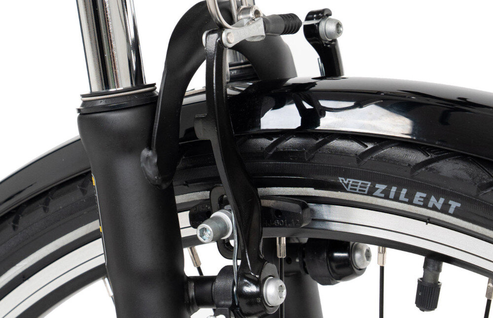 Rower trekkingowy ROMET Wagant 1.0 M21 28 cali męski Granatowy zbliżenie na tarczę hamulcową podstawa bezpieczeństwa hamulce V-Brake lekkie duża siła hamowania hamulce z przodu i z tyłu podwójny pakiet bezpieczeństwa