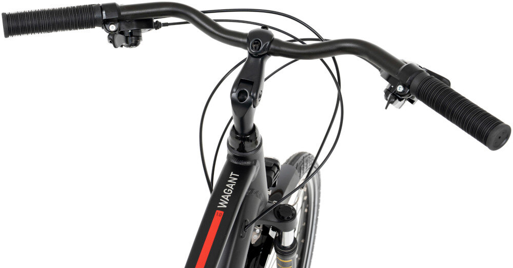 Rower trekkingowy ROMET Wagant 1.0 M21 28 cali męski Czarny kierownica na białym tle aluminiowa kierownicę marki ROMET o wymiarach 610 X 25,4 mm regulowany wspornik marki ROMET stabilność i precyzję prowadzenia antypoślizgowe uchwyty