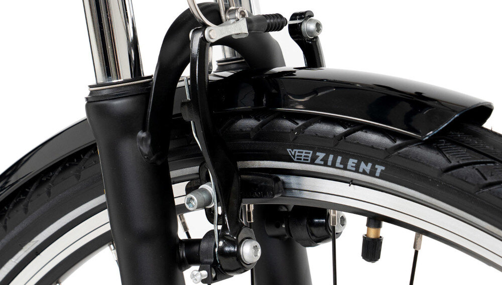 Rower trekkingowy ROMET Wagant 1.0 M21 28 cali męski Czarny zbliżenie na tarczę hamulcową podstawa bezpieczeństwa hamulce V-Brake lekkie duża siła hamowania hamulce z przodu i z tyłu podwójny pakiet bezpieczeństwa