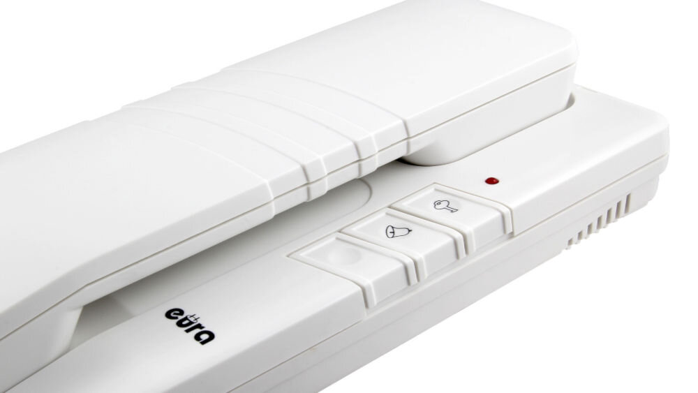 Zestaw domofonowy EURA Remoto ADP-41A3 Biały, rozbudowa, unifon, elastyczność, projekt, zbliżenie na unifon od góry, leży obudową do góry, frontem lewo skos