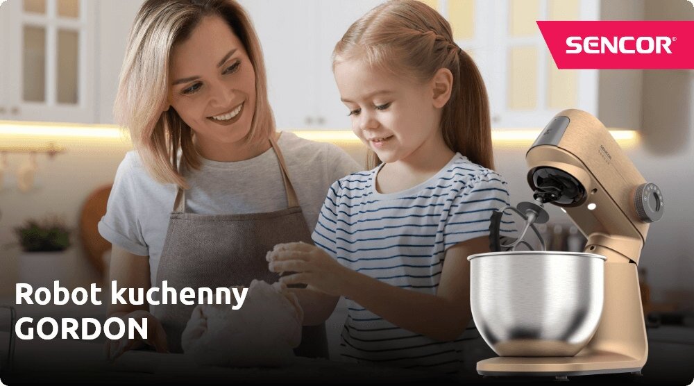 Robot kuchenny planetarny SENCOR STM 7630R 1500W z odłączaną wagą zdjęcie lifestyle Moc 1500 W radzi sobie z miksowaniem, wyrabianiem ciasta oraz ubijaniem w 3 eleganckich wariantach kolorystycznych podświetlana misa LED 3 porty na akcesoria